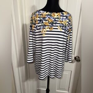 Women’s plus size 1X Karen Scott Navy Striped Floral Long Sleeve Top, shirt